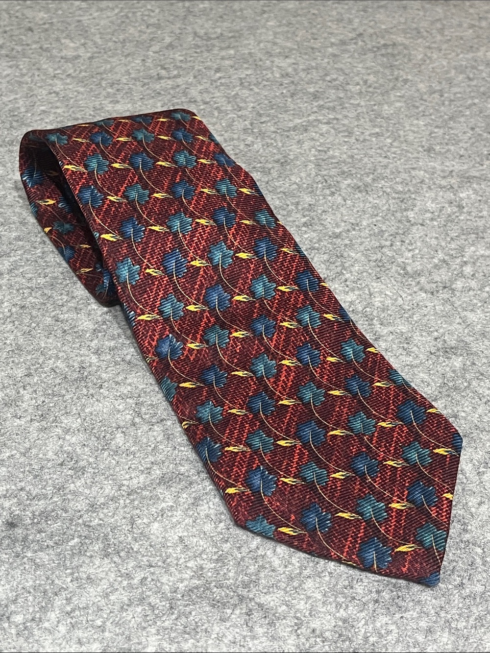 Ermenegildo Zegna Burgundy Silk Tie with Blue and Yellow Leaf Motif